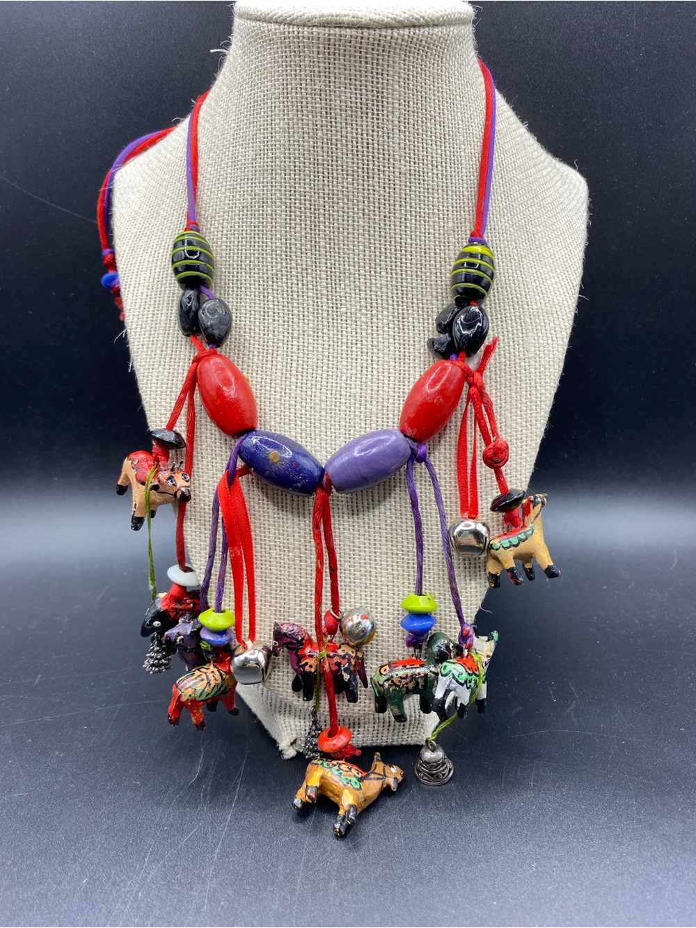 Ethnic Necklace Wood Animal & Glass Beads Satin Cording Adjustable